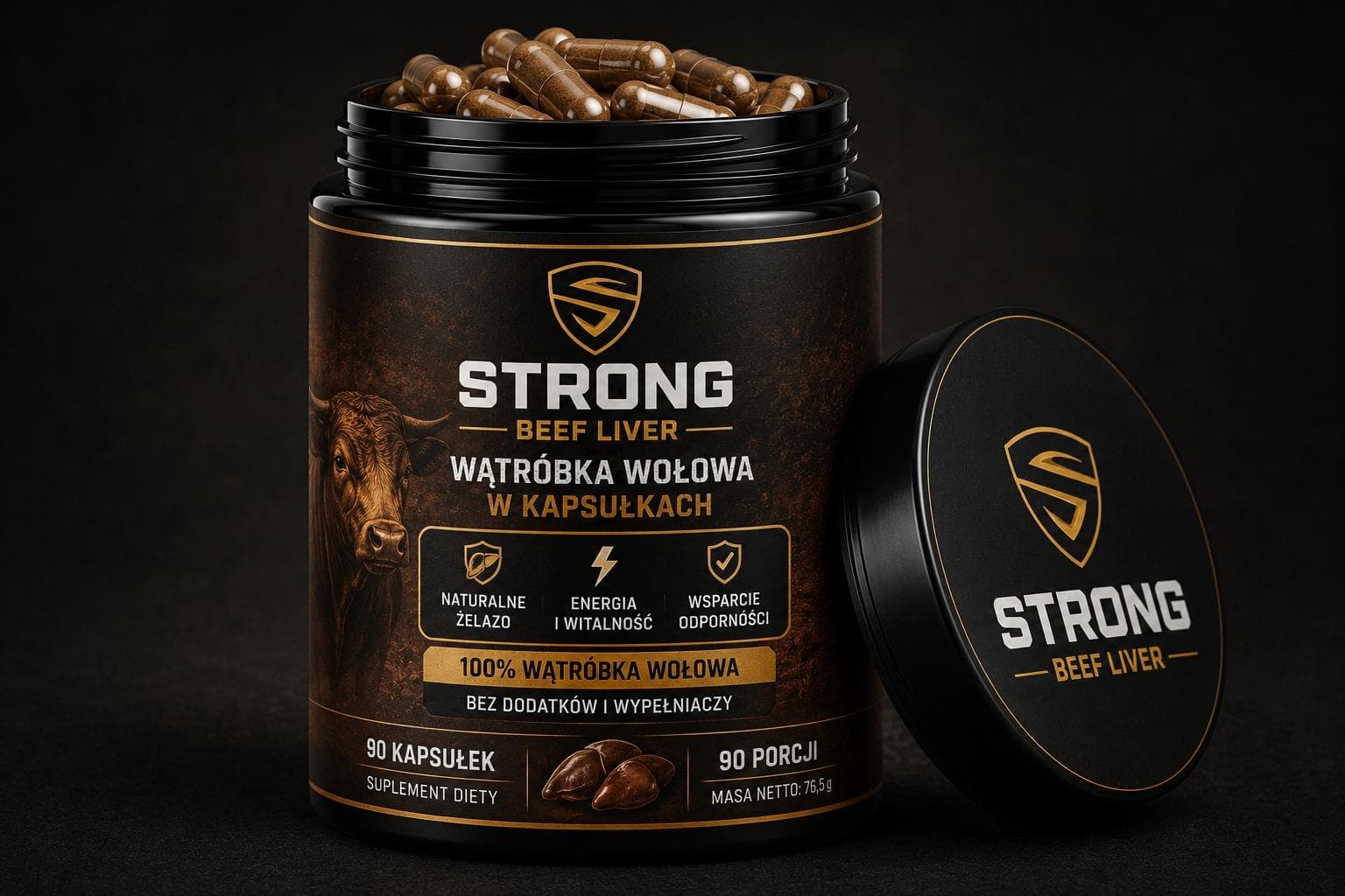 Słoik Strong Beef Liver z kapsułkami wątróbki wołowej i zdjętą pokrywką