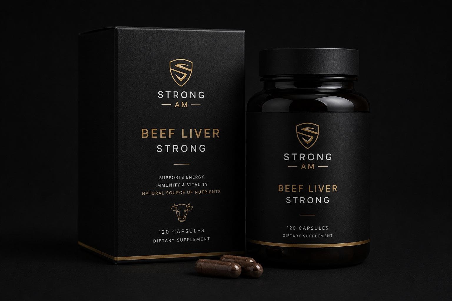 Pudełko i słoik Beef Liver Strong z kapsułkami wątróbki wołowej